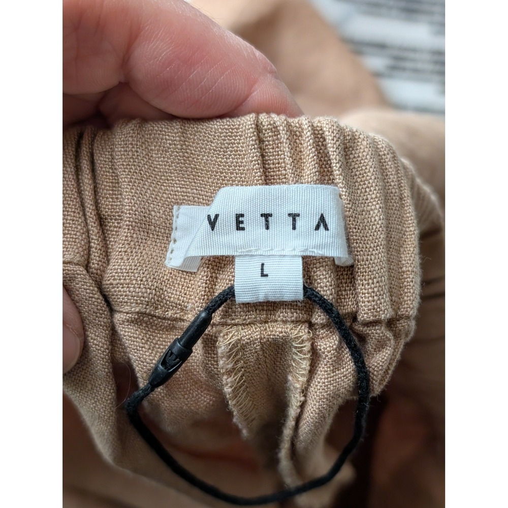Vetta 100% Linen High Rise Pocket Shorts Size L Tan Elastic Minimalist Capsule - Picture 7 of 9